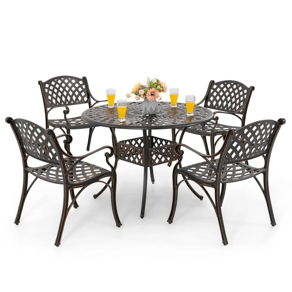 

5 Piece Outdoor Patio Dining Set, Cast Aluminum Round Dining Table with Umbrella Hole and Patio Dining Chairs for Patio, Garden
