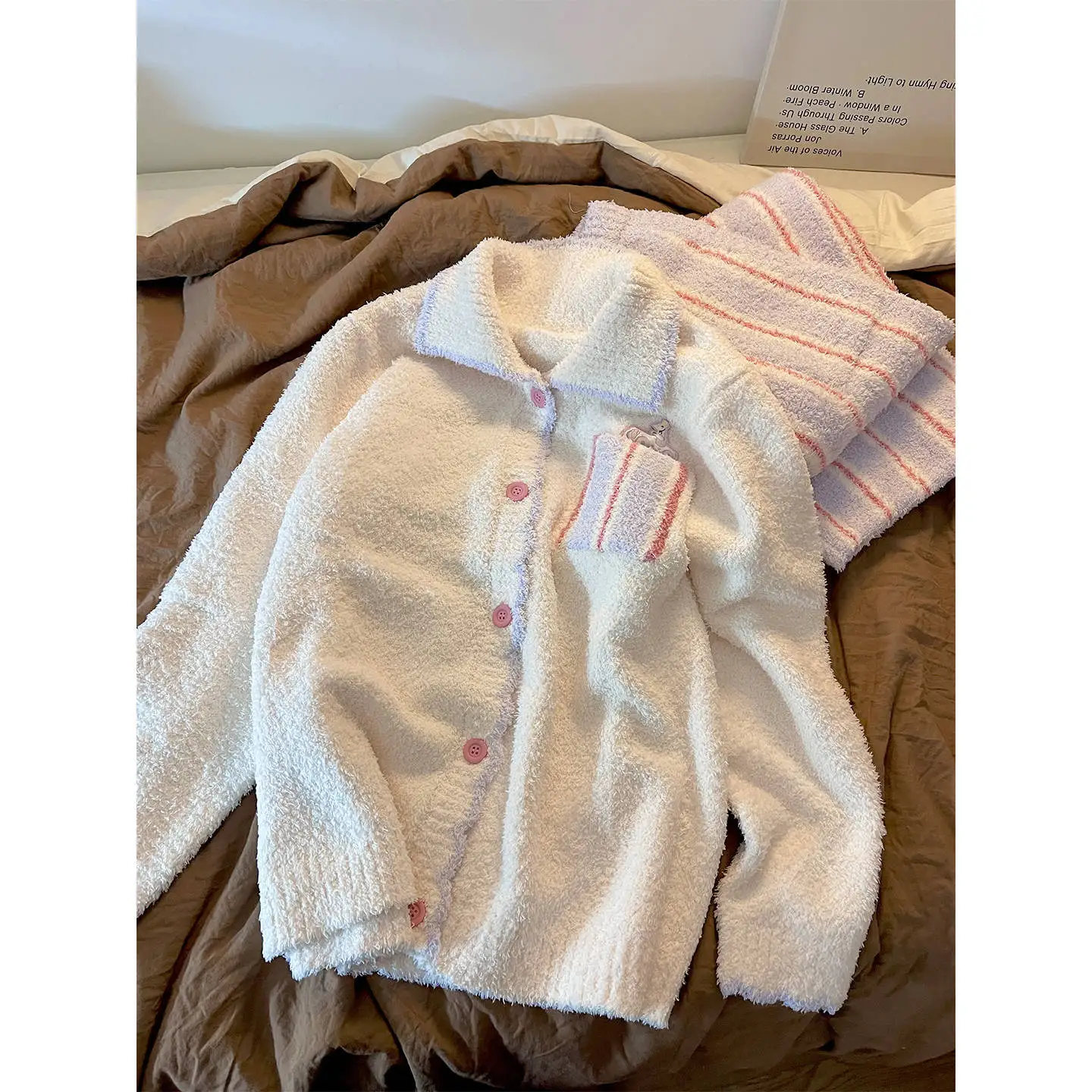 

Sweet And Cute Cartoon Soft Fleece Set Winter 2025 New Style Lapel Long Sleeve Cardigan+pants 2 Piece Warm Homewear Set Pajamas