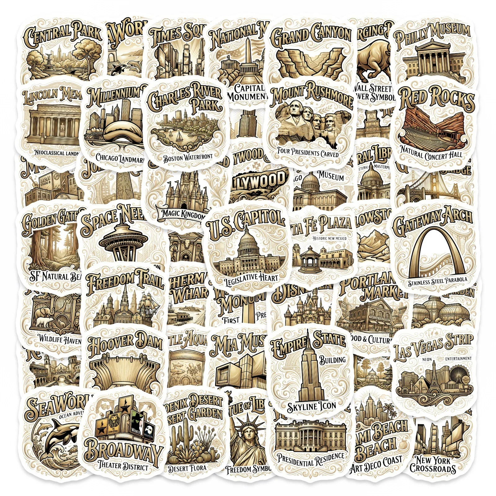 

50PCS American Architectural World Attractions Stickers Decorative Luggage Phone Case Luggage iPad Waterproof Stickers Kids Toy