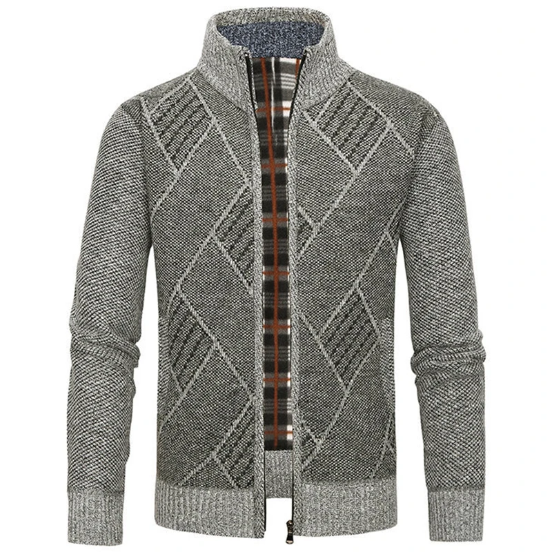 

Men's Stand Collar Knitted Cardigan Outerwear Autumn Winter Plus Fleece Coldfpoof Zip Up Jacket Texturae Plaid Sweater Coats Man