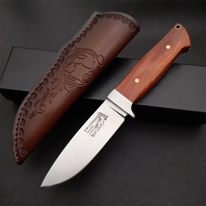 TRSKT RW Loveless Hunting Knife Camping Outdoor Knives D2 60Hrc Blade,Wood Handle With Leather Sheath Gift For Man Freesshipping