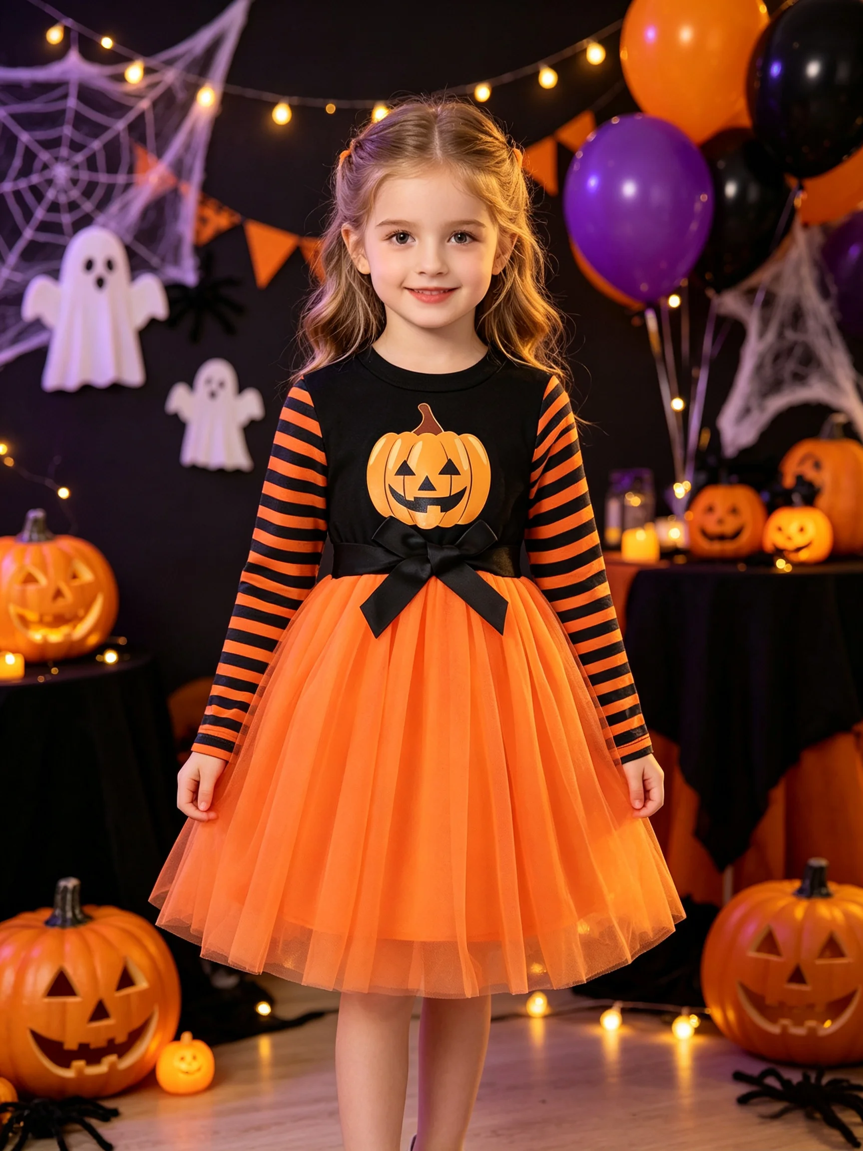 Gestricktes, langärmliges, rundhalsiges Halloween-Kürbis-Kleid mit Wärmeübertragung und gestreiftem Mesh-Print für Mädchen, Partykleid, Geschenk – Detail 1