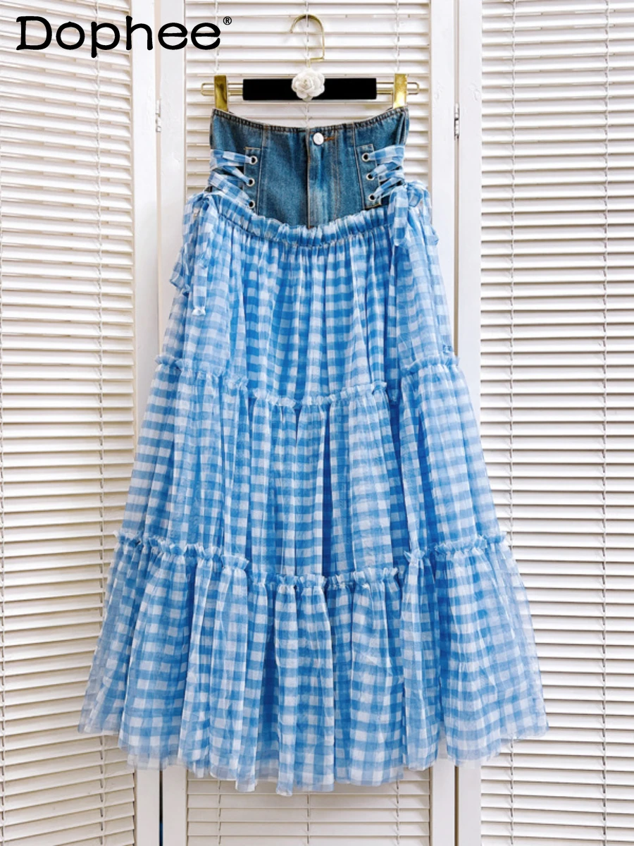 High-Grade Denim Stitching Gauzy Skirt Spring/Summer Lace-up Cake Plaid Skirts Large Swing A- Line Bubble Long Skirt for Student