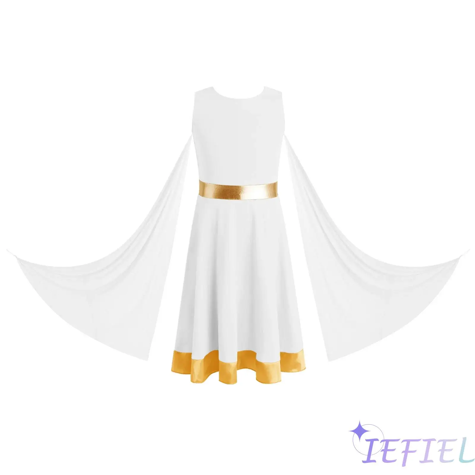 

Kids Girls Liturgical Praise Dance Tunic Dress Metallic Waist Back Invisible Zipper Hem Dress with Mesh Drapes Modern Dancewear