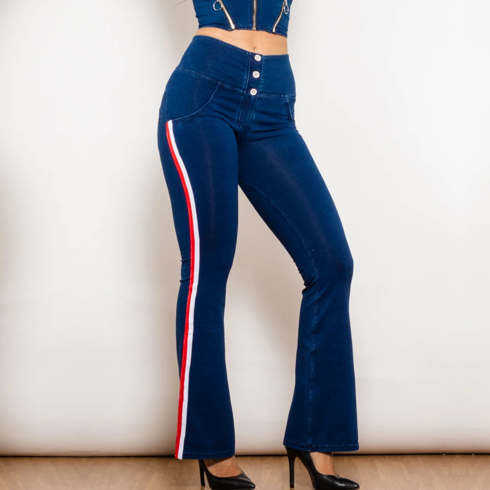 Shascullfites Melody Button Up Jeans Dark Blue Striped Flared Jeans Jeggings High Waist Jeans Shaping Jeans Scrunch Bum Jeans