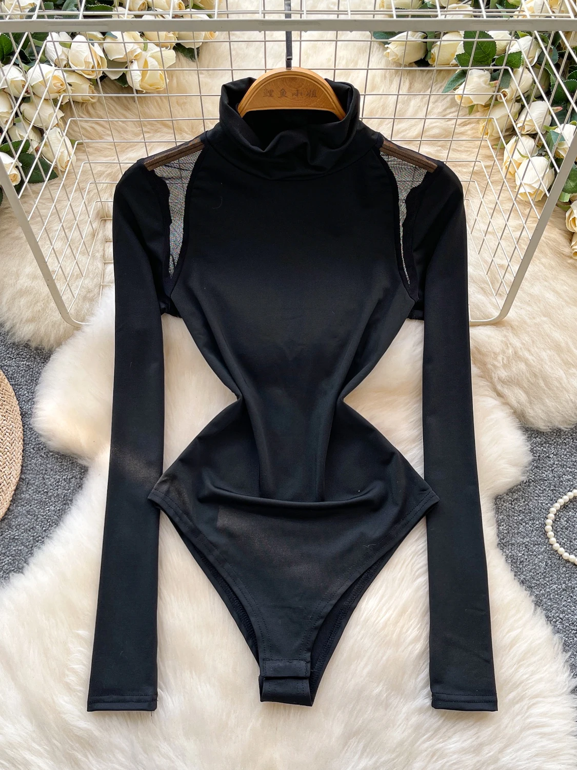 

Женское черное боди, комбинезоны, комбинезоны Y2k, сетчатая лоскутная водолазка с длинными рукавами, винтажные комбинезоны, кокетка, одежда