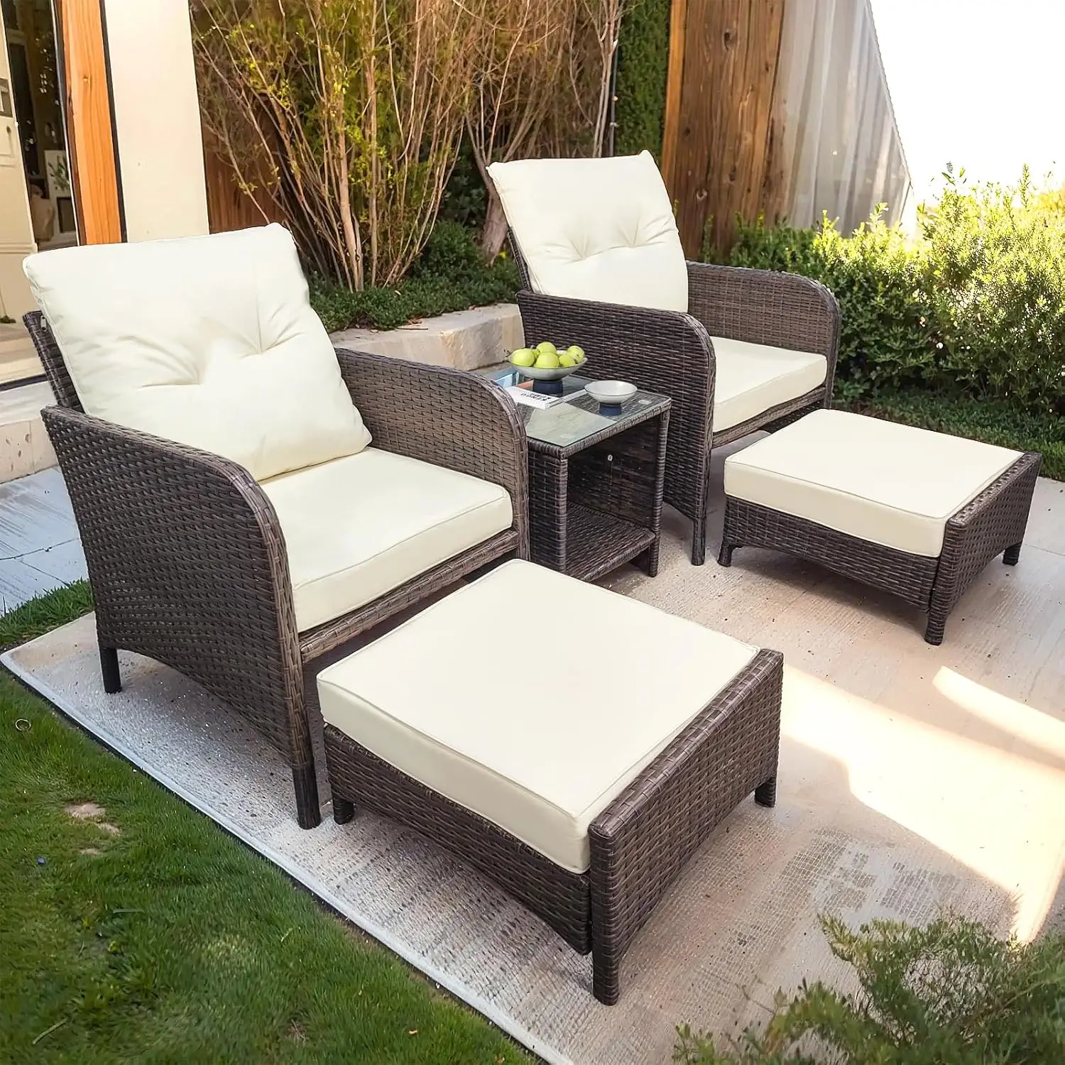 

5-Piece Outdoor Patio Furniture Set, Patio Lounge Chairs Set of 2 with Cushioned Ottoman & Coffee Table - Stylish,