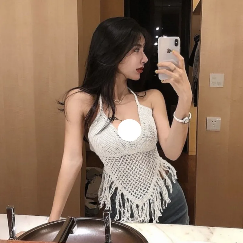 Hemdje Vrouwen Retro Stijl Y2k High Street Hollow Out Knit Sexy Dames Harajuku Hotsweet Clubwear Zomervakantie Kwastje Ontwerp