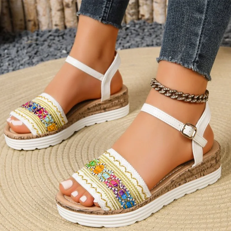 Women Ethnic Embroidered Floral Wedge Ankle Buckle Sandals Summer Thick Bottom Platform Dress Shoes Woman Plus Size 35-41 Shoes view 3