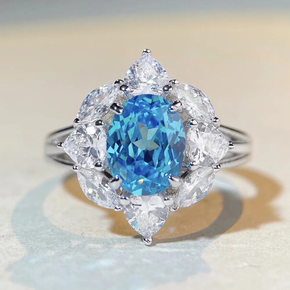 

2023 New Original Design S925 Pure Silver Sea Blue Treasure Ring for Women, Sapphire Color Treasure Zircon Ring