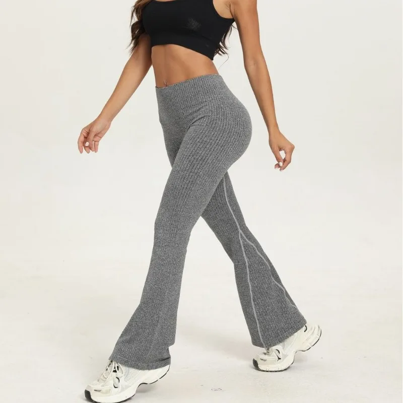 Women's High-Waist Bell Bottom Pants Solid Ribbed Leggings Seamless Slim Yoga Bell-bottoms Gym Exercise Running Knited Leggings