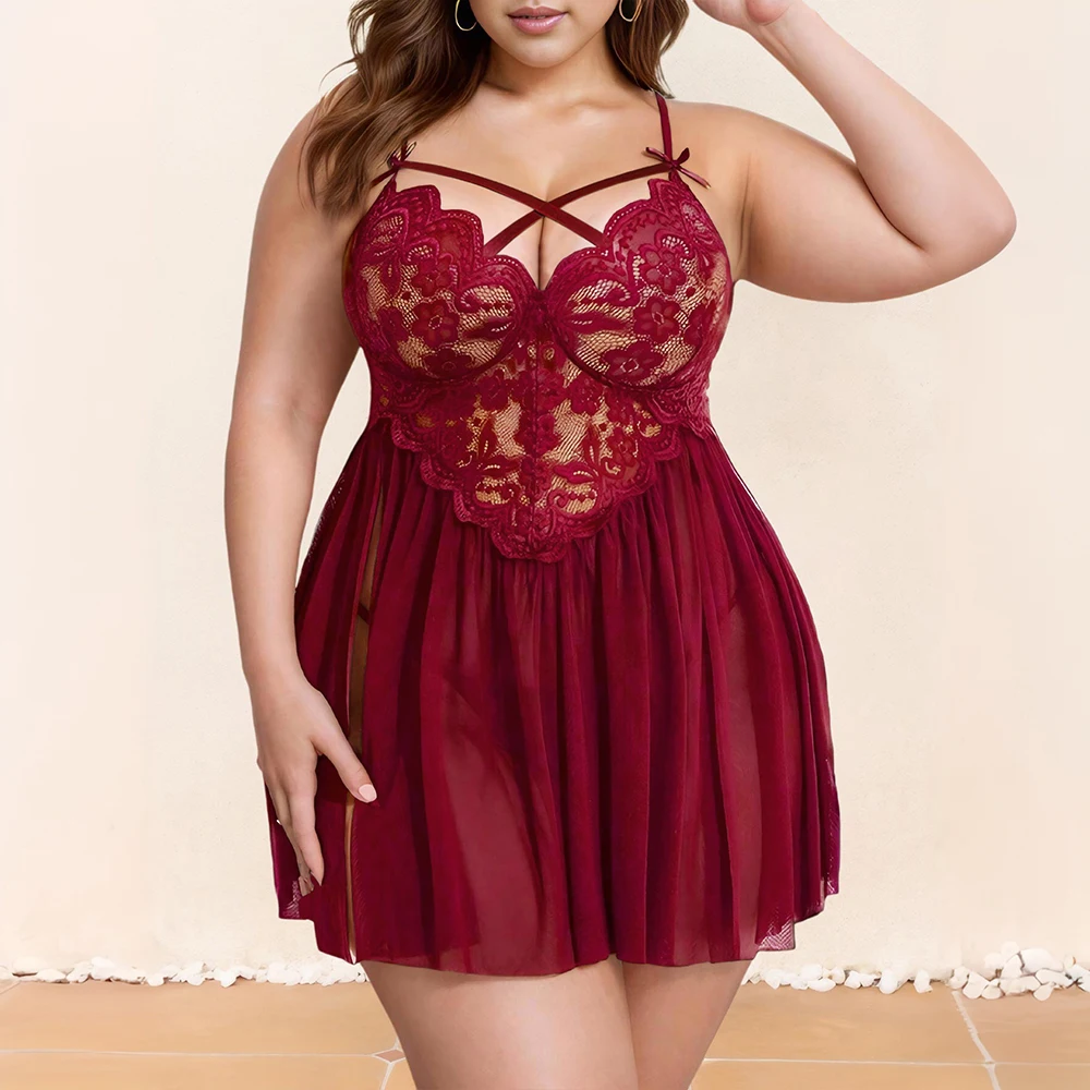 حجم كبير المرأة مثير الدانتيل تقسم Strappy فستان النوم السيدات بيبي دول ملابس النوم ملابس النوم منامة Pjs حجم 1XL-5XL #2