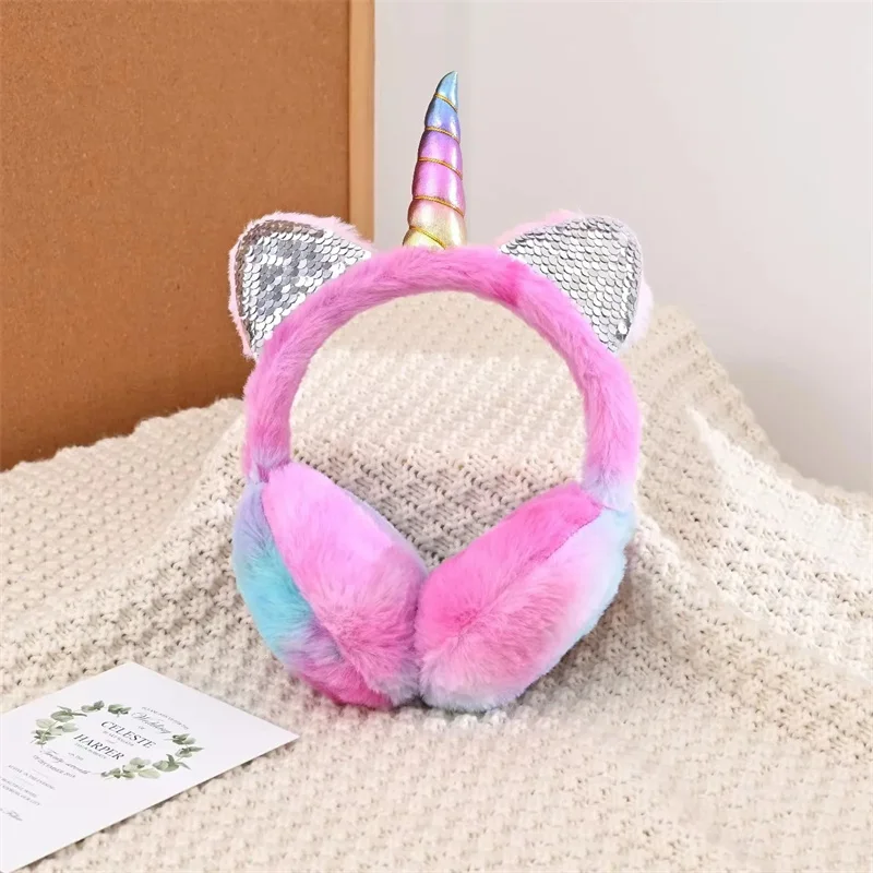 Colorful Sequins Unicorn Soft Plush Fluffy Earflap for Children Kids Winter Warm Plush Earmuffs with Cat Ears Tie-dye Fur Hat