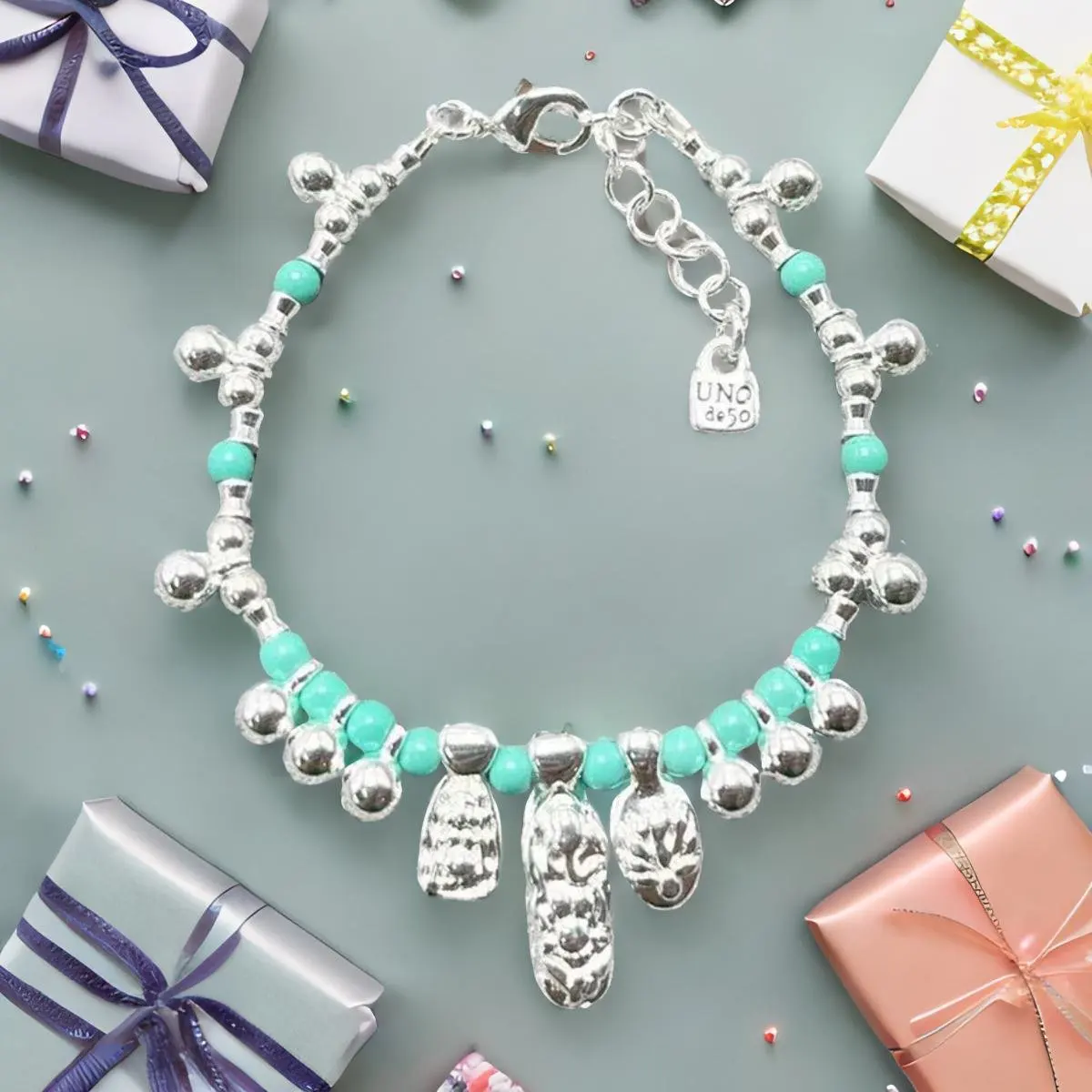 

Новинка 2024, изысканный модный трендовый женский браслет unode 50 из серебра 925 пробы с гальваническим покрытием и зелеными бусинами, романтический праздничный подарок