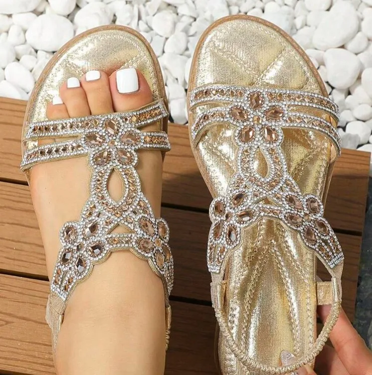 Women Flat Rhinestone Sandals Bohemian Sandals 2023 Summer New Non Slip BeachElastic Low Heels Roman Sandals Sandalias Mujer