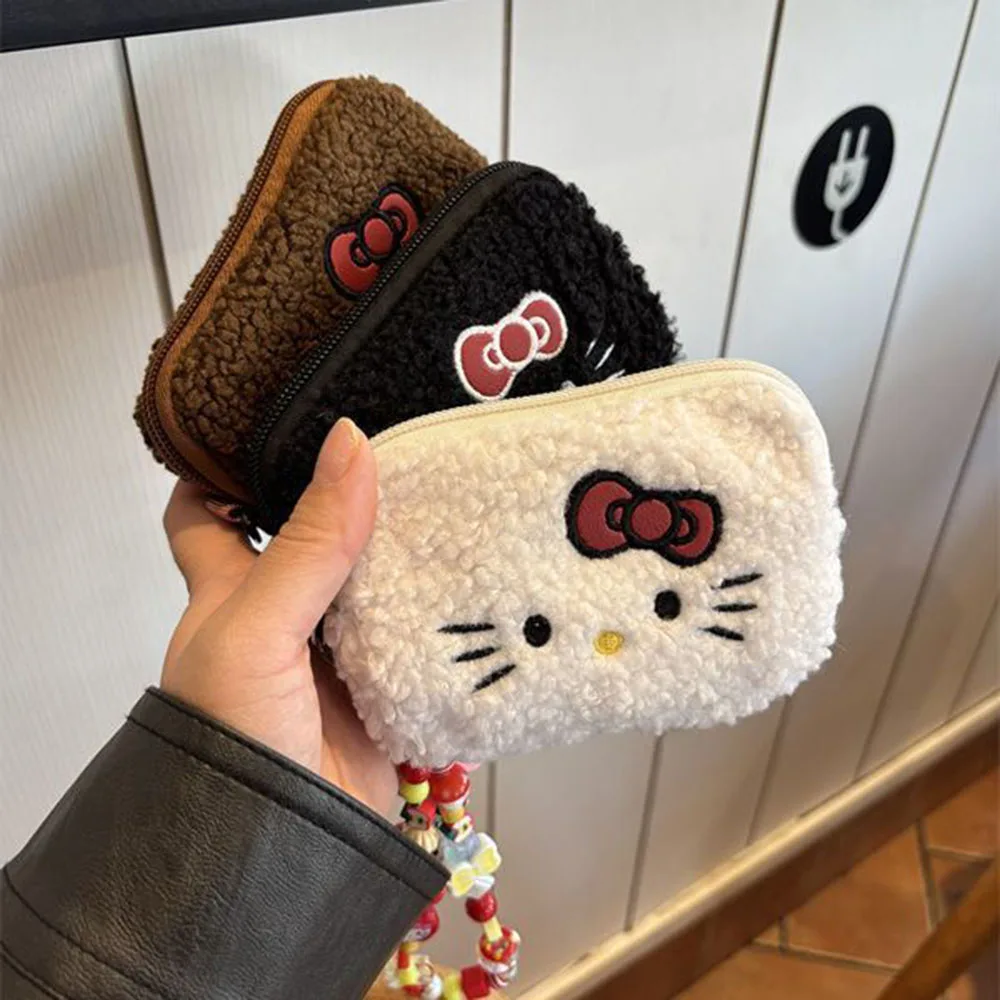 

Новая сумка-кошелек из овечьей шерсти с вышивкой Hello Kitty, милая сумка для хранения мелочей, косметичка, аксессуары для рукоделия DIY