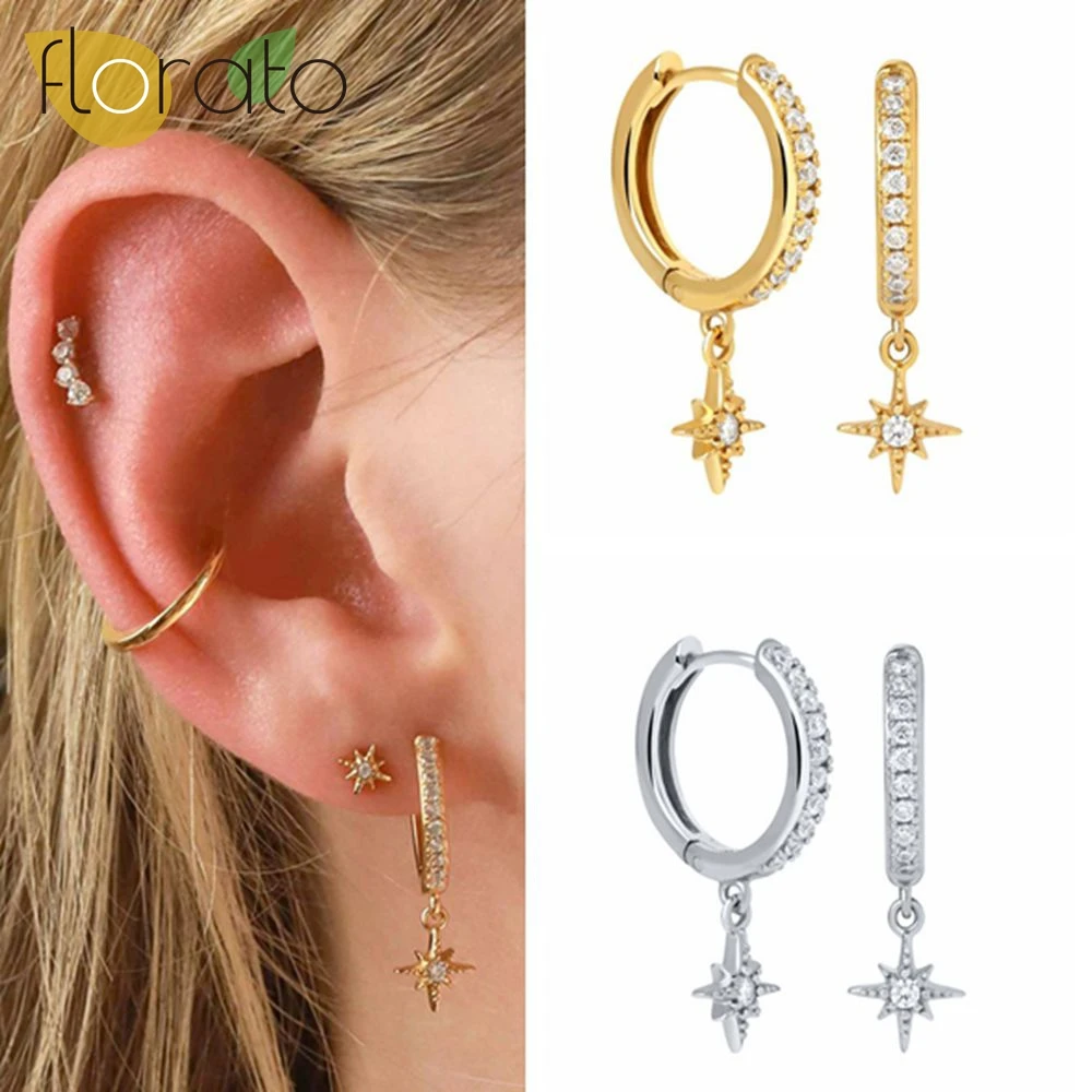 

Luxury Fashion 925 Sterling Silver Ear Buckle Hoop Earrings for Women Star Zircon Piercing Earring Earrings Jewelry Pendientes