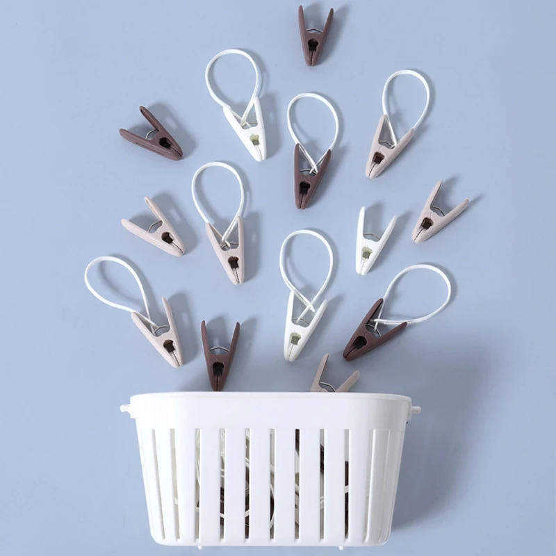 12Pcs/Pack Plastic Clothespins Windproof Anti-Slip Clothesline Clips with Rope Laundry Pegs for Hanging Towels Socks Blankets