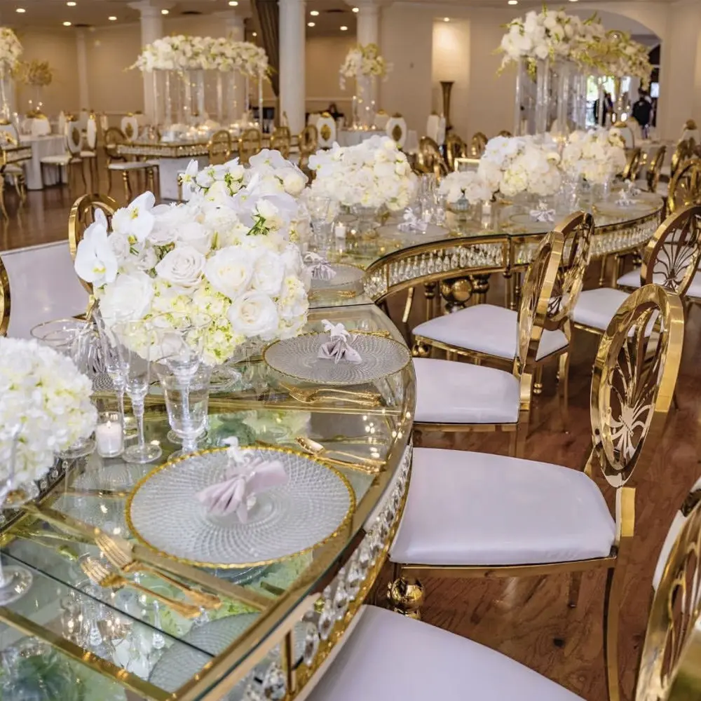 Foshan furniture golden stainless steel leg glass top serpentine wedding table