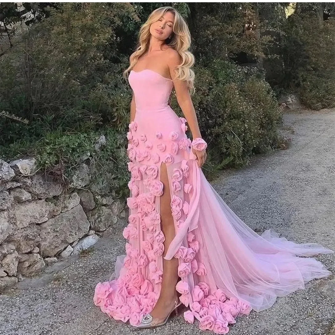 

Customized Classic Long Pink Evening Dresses with Slit Hand Made Flowers Mermaid Tulle Strapless Pleated Sweep Train Prom Dresse