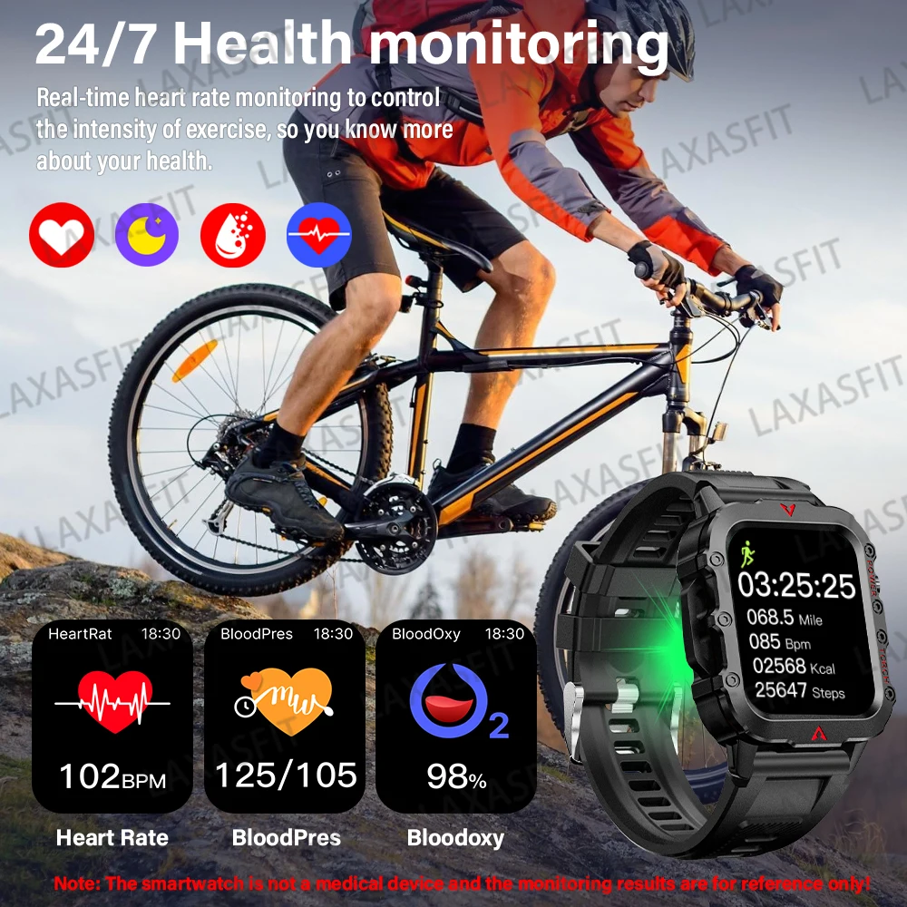 LAXASFIT 2024 Outdoor Militair Heren Smart Watch Bluetooth Talk Sport Hartslagmeter Smart Watch Android IOS