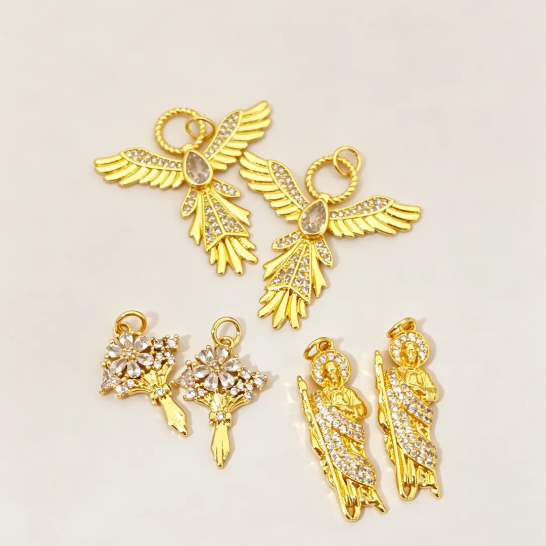 2Pcs Pendants Gold Plated Inlay Zircon Jesus Phoenix Flower Charm for DIY Necklace Bracelet Jewelry Making Accessories Men Women