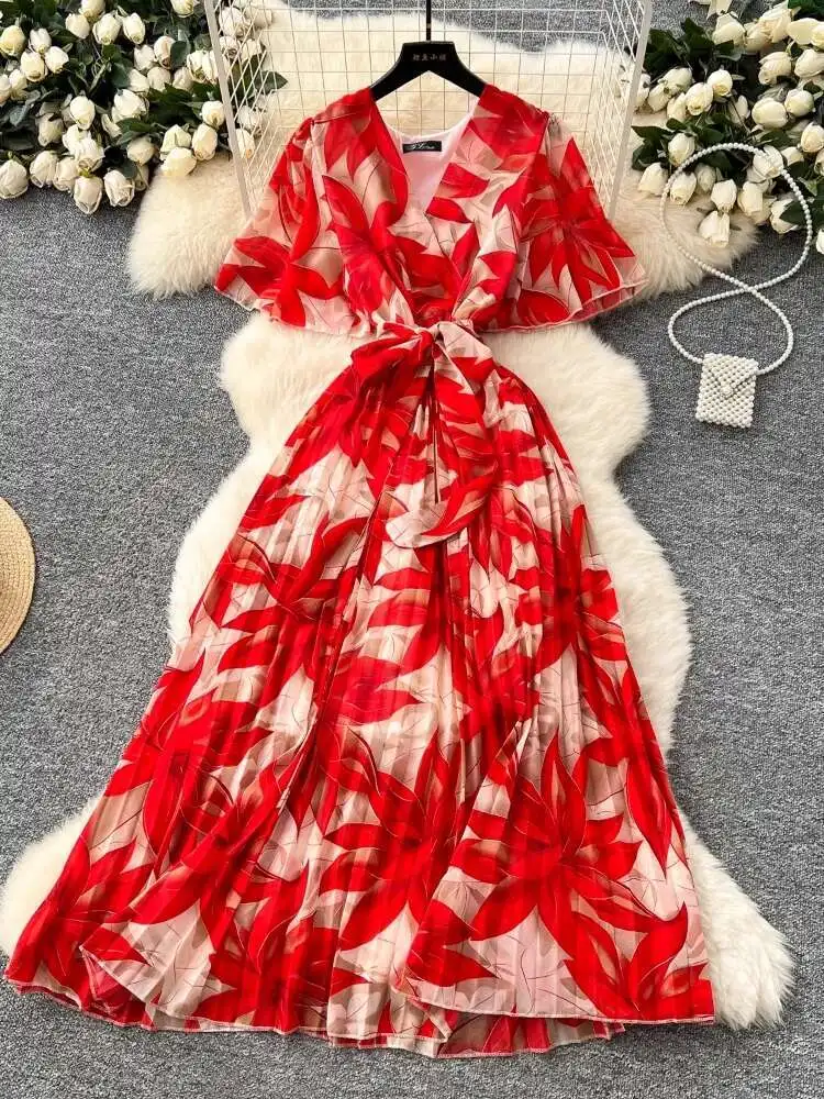 Mulheres elegante impresso vestido floral verão sexy com decote em v manga alargada chiffon vestidos longos senhoras magro bandagem longo robe vestidos