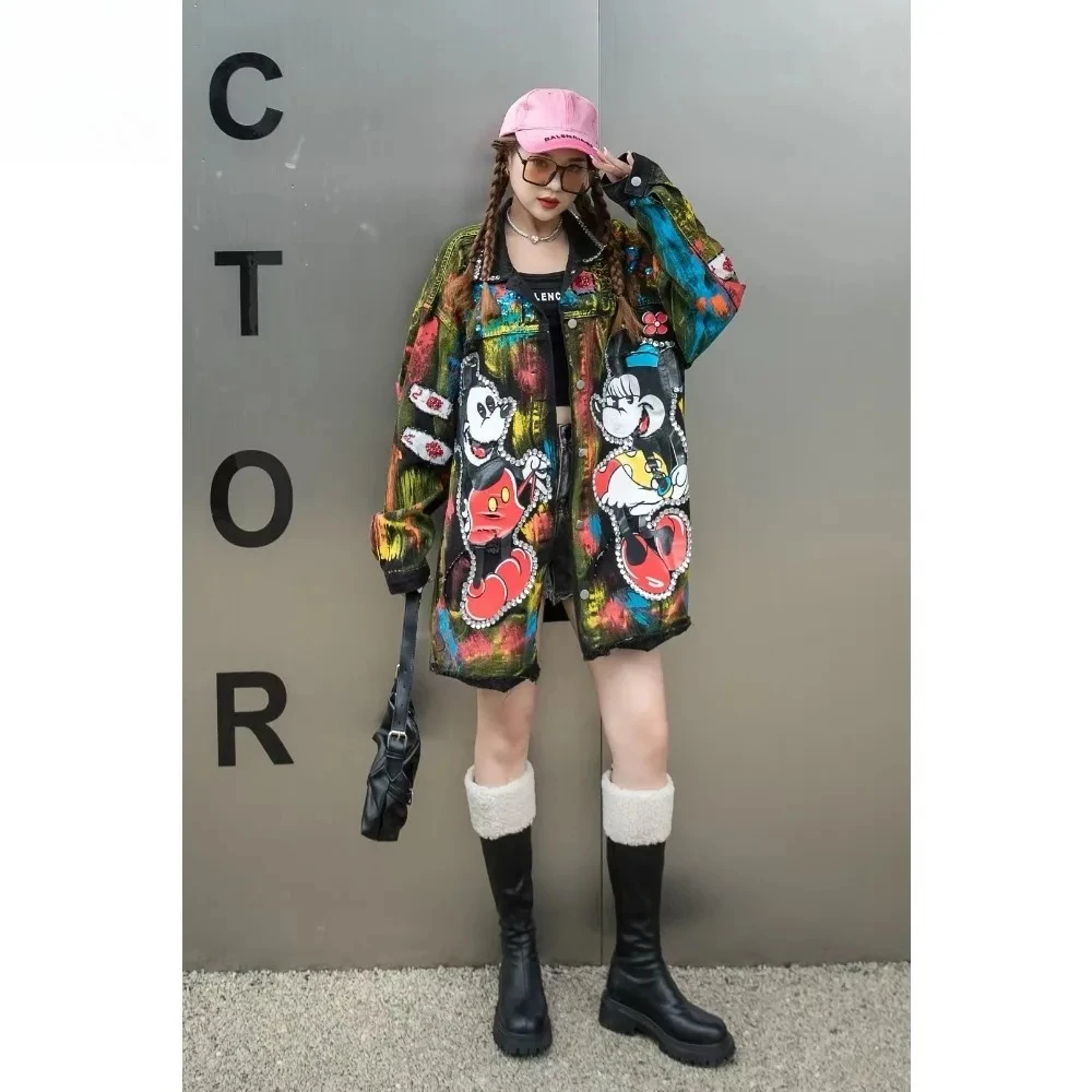 

Персонализированная джинсовая куртка с рисунком Диснея, граффити, расшитая блестками и бисером, женский свободный средний и длинный плащ, осень