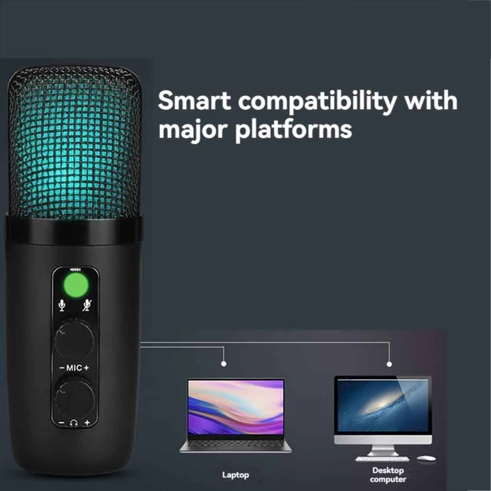 Microfone de jogo condensador de desempenho estável-USB para PC com iluminação RGB brilhante
