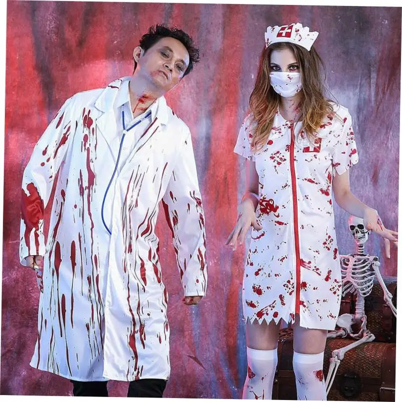 Halloween Horror Blutiges Krankenschwesterkostüm Zomb Damen Blumendruck Polyester Dr. Gruseliger Clown Thema Par Dr. Frühling