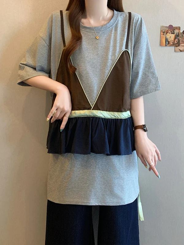 Slimming Mid-Length Short-Sleeve T-Shirt Women's Summer plus Size Conceal Butt Base Shirt Design Sense Fake Two-Piece Top