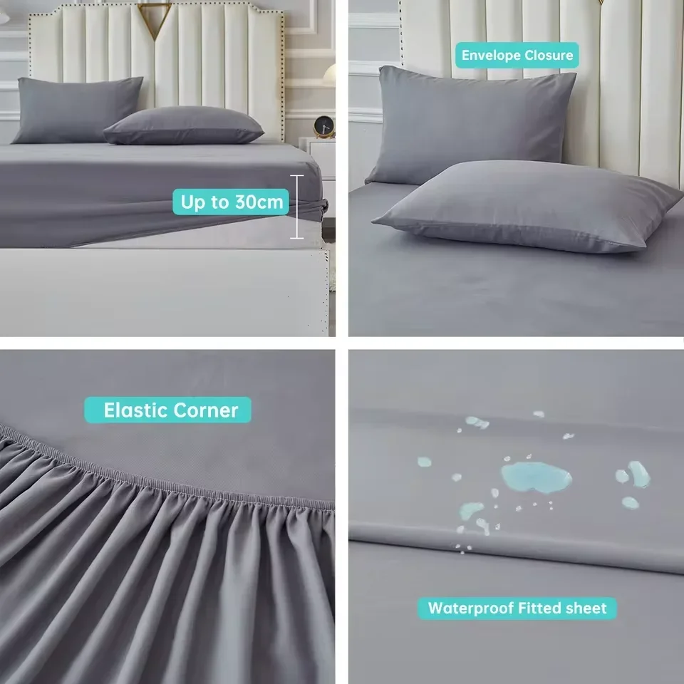 3/4pcs Solid Beding Set, Waterproof Fitted sheet&Bed Sheet&Pillowcases Soft, Queen, KIng, Full, Twin Size White and Gray시트 세트
