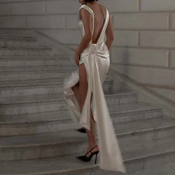 Elegant V-neck Sleeveless Satin Party Dress Women Sexy Split Hollow Solid Evening Dress Fashion High Waist Draped Long Dresses