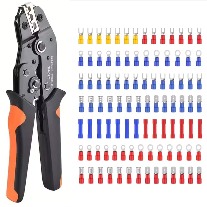 SN-02C Wire Crimping Tool Kit AWG 23-13 With 280PCS Insulated Wire Electrical Connectors Butt Ring Spade Cable Lugs Assortment