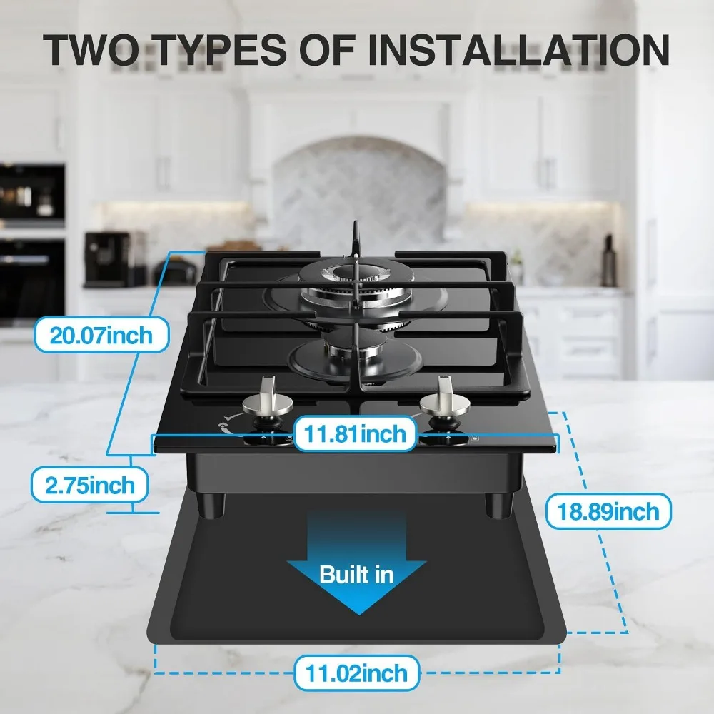 12인치 가스 스토브: 2구 가스 쿡탑 - 스테인리스 스틸 LPG/NG 듀얼 연료 스토브 – RV, 아파트용 빌트인 가스 호브