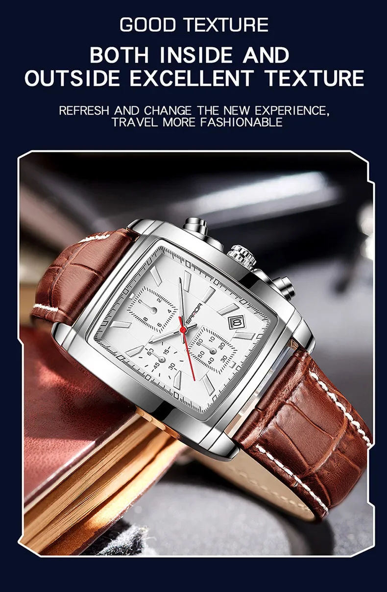 SANDA 5303 Rectangular Dial New Design Soft Leather Strap Waterproof Quartz Movement Business Watches for Men Relogios Masculino
