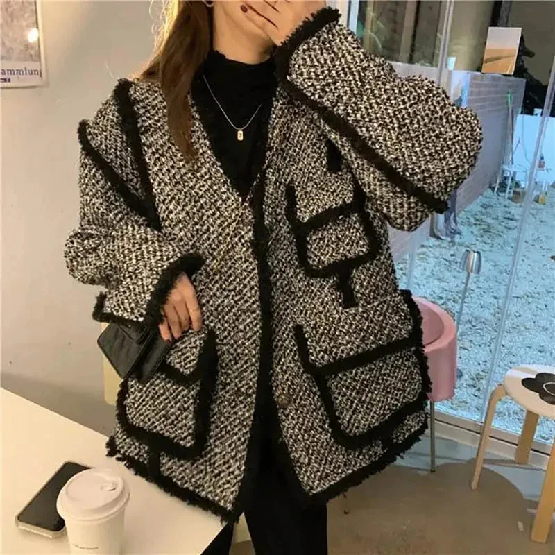 MEXZT Vintage Tweed Jackets Women Black Patchwork Thick Coats Korean Elegant Wool Blends Winter Streetwear Casual Outerwear Tops