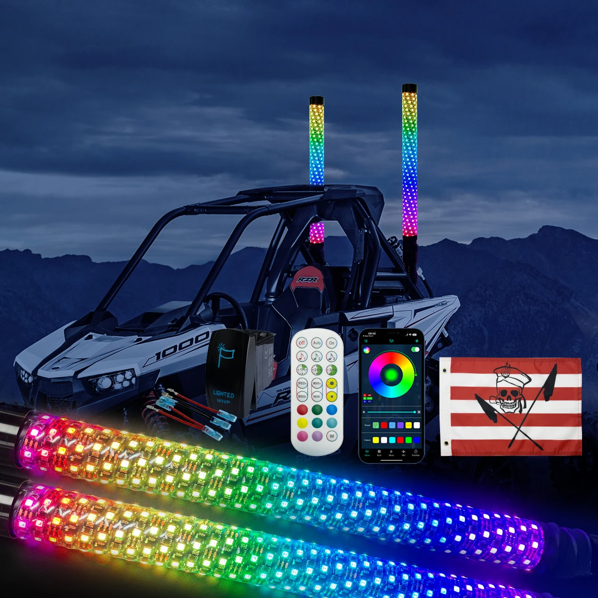 2PCS Antenna RZR RGB LED Whips 2FT Bold LED Whip Lights Spiral Chase Offroad Turn Signal Brake Reserving Light for UTV ATV RZR