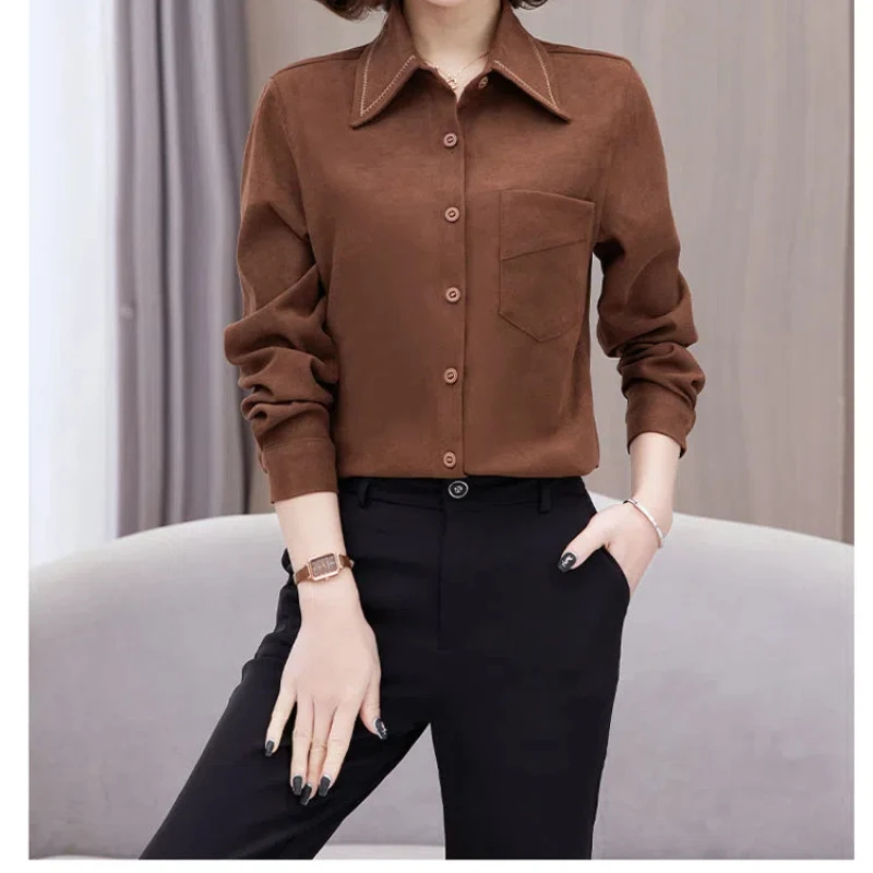 Turn-down Collar Spring Autumn Women\'s Clothing Solid Color Pockets Button Cardigan Shirt Casual Formal Elegant Trendy Tops