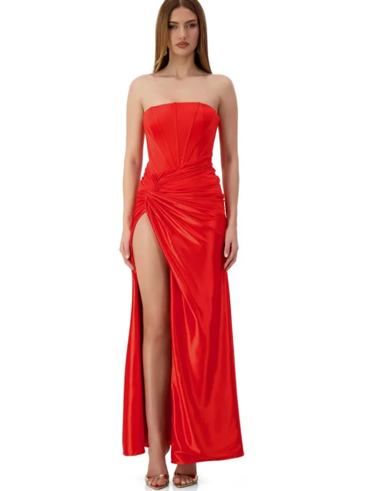 

2025 Women Celebrity Sexy Strapless High Spit Backless Red Dress Elegant Evening Party Club Vestido