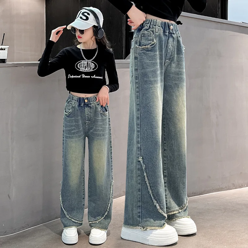 New Street Style Kids Child Wide Leg Distressed Ripped Jeans with Side Burr for Girls Destroyed Denim Pants Trousers Age 4-14Y