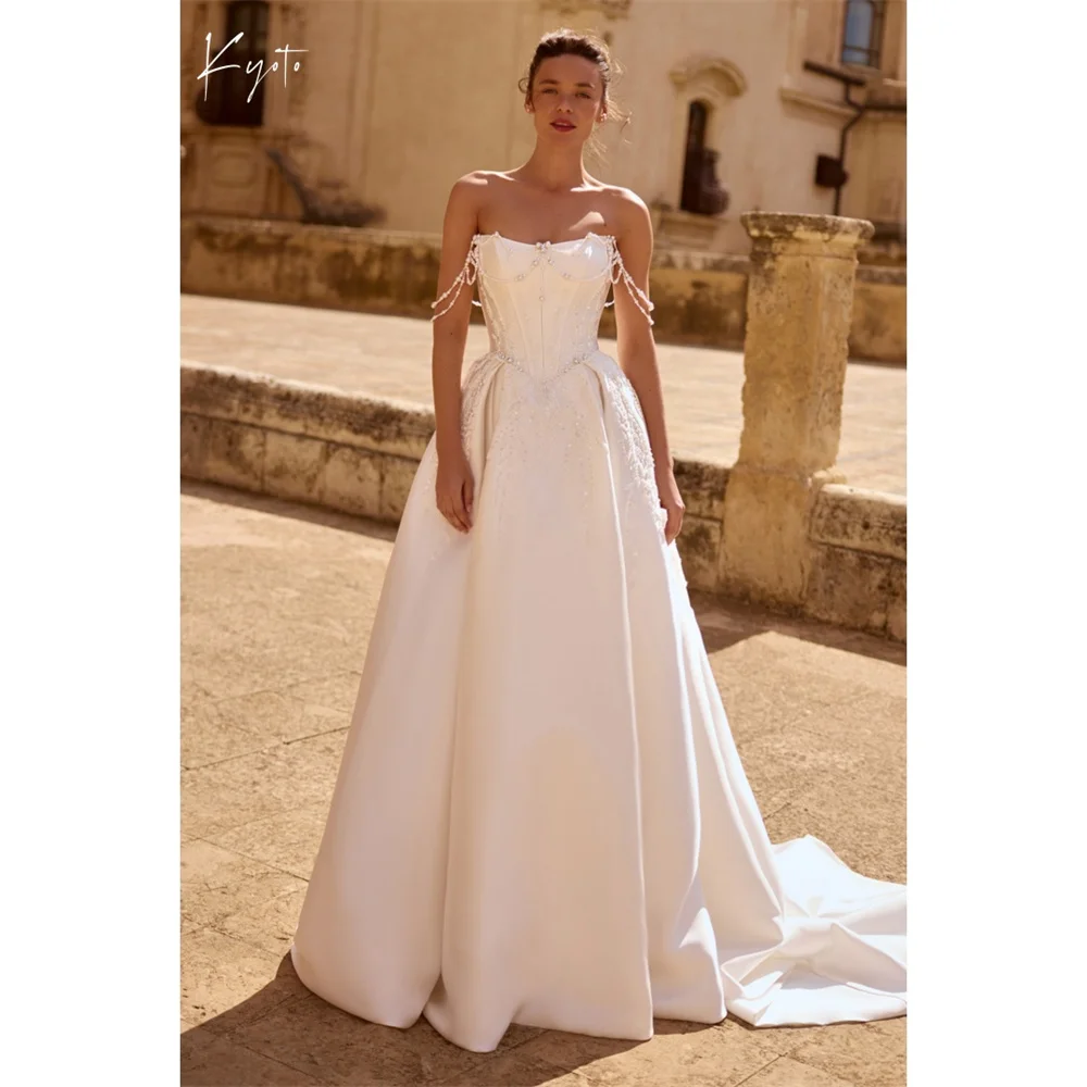 

Kyoto Customized White Satin Off Shoulder Wedding Dress Sleeveless A-Line vestidos de noche Lace-Up Court Train robe de mariée