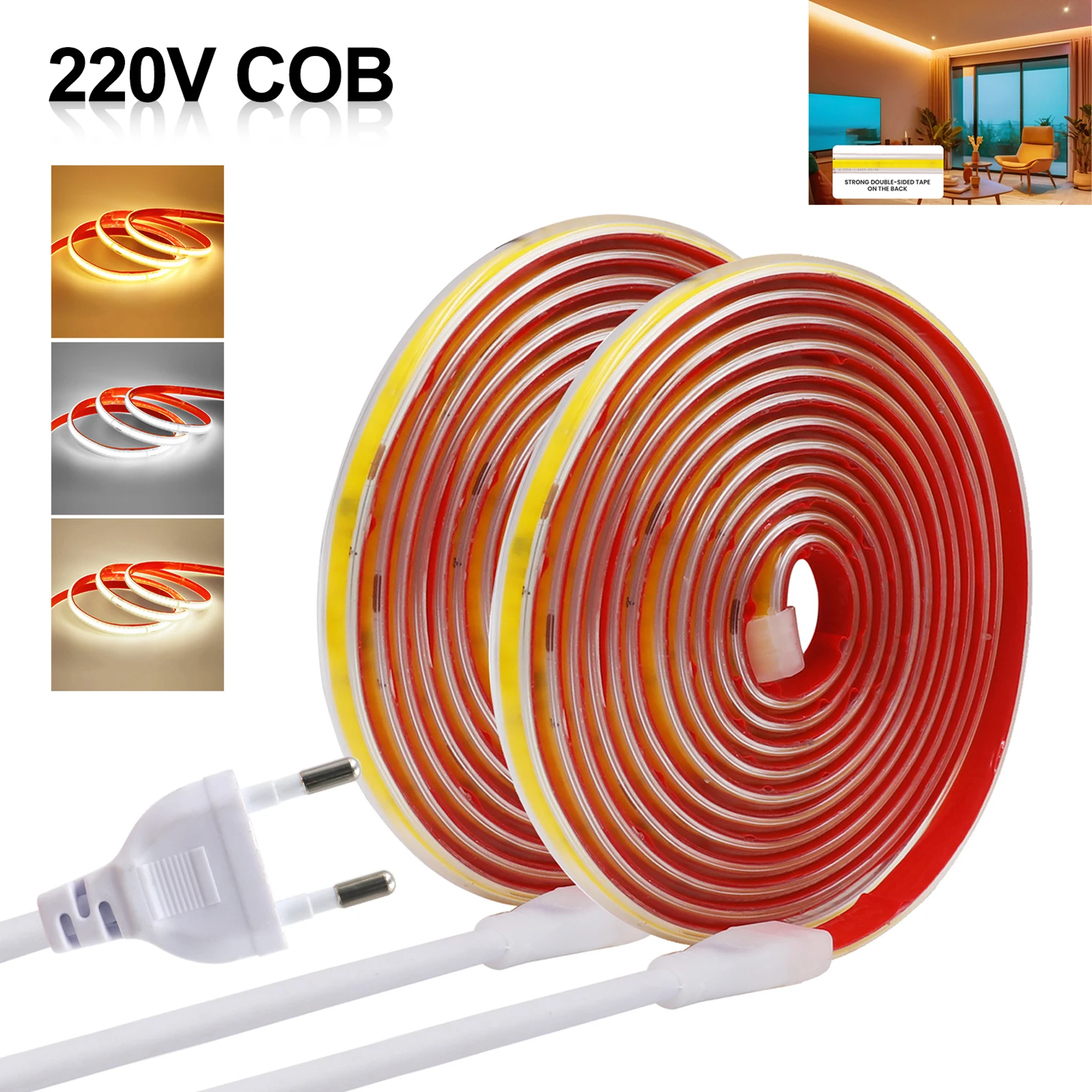 

AC 220V COB Strip 240Leds/M Waterproof IP65 Eu Plug/2Pin Wire 10CM Cut Flexible Ribbon Rope Tape LED Light for Home Decor 1M-50M