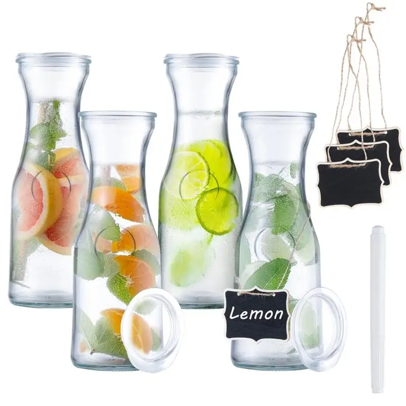 4Pcs Glass Carafes Pitchers 34 Oz Glass Carafes Set Clear Water Carafe With Lid And Label Large Beverage Carafe Juice Containers