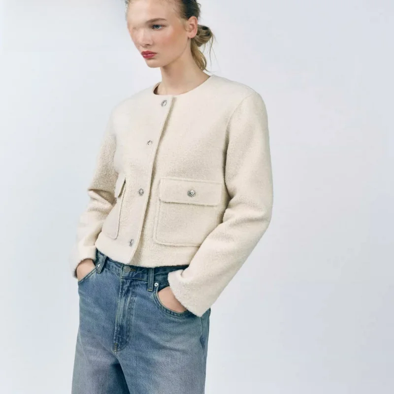 

Spring New Arrival Women's Jaet with kets Bead Embellied Long Sve round Ne Woolen Coat Commute Sle Straight Cut