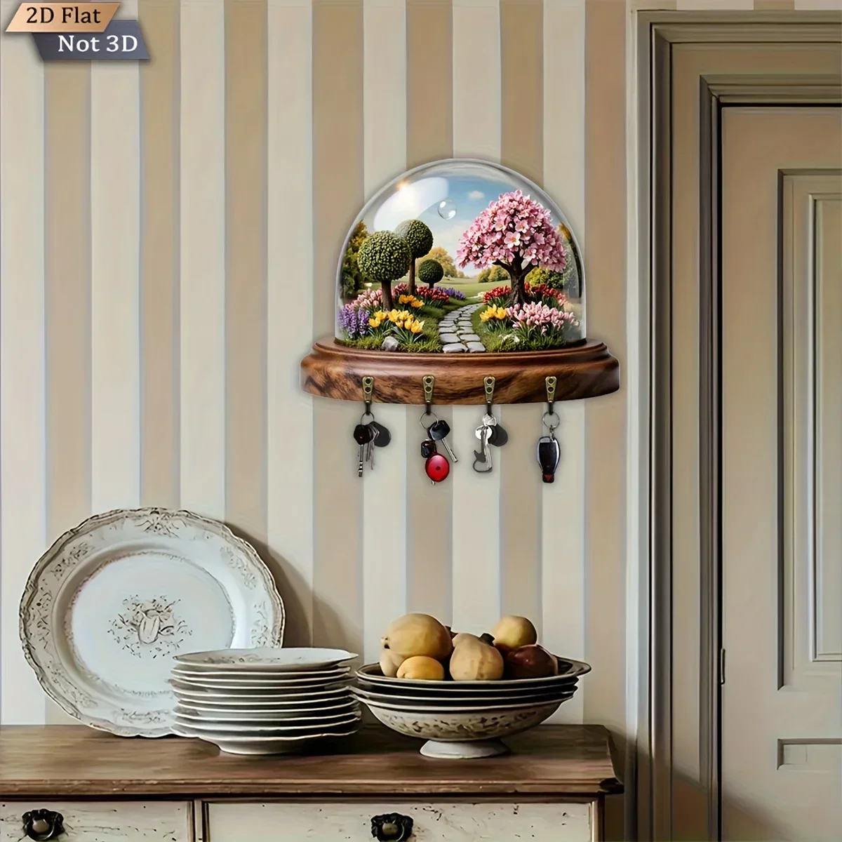 2D Flat, 1pc, Spring Secret Garden Themed Key hook, Wooden Multi-functional Home Key Rack, with four metal hooks, wall