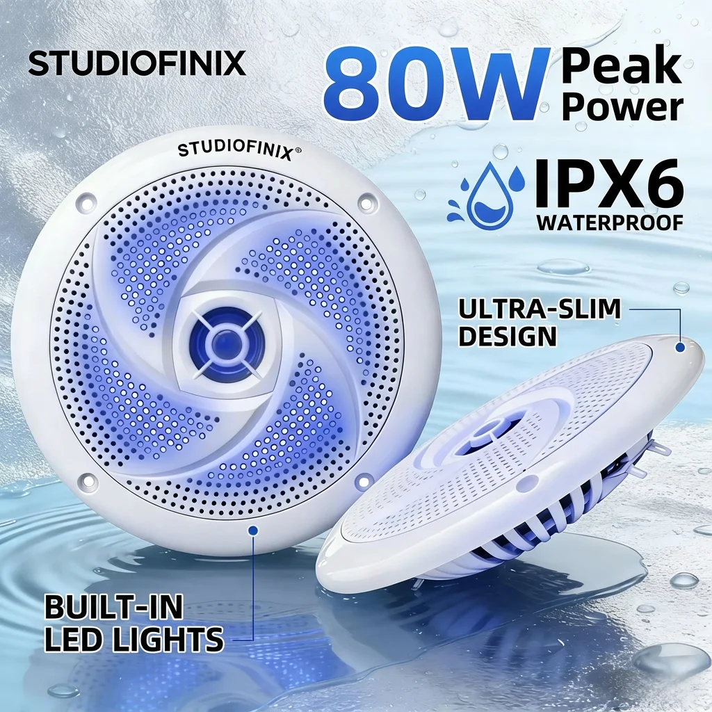 

STUDIOFINIX 4 дюйма, 2 шт., 80 Вт, водонепроницаемые морские колонки, 2-сторонняя аудиосвязь, светодиодные фонари, тонкий профиль для лодок, автофургонов, UTV, квадроциклов, гольф-каров