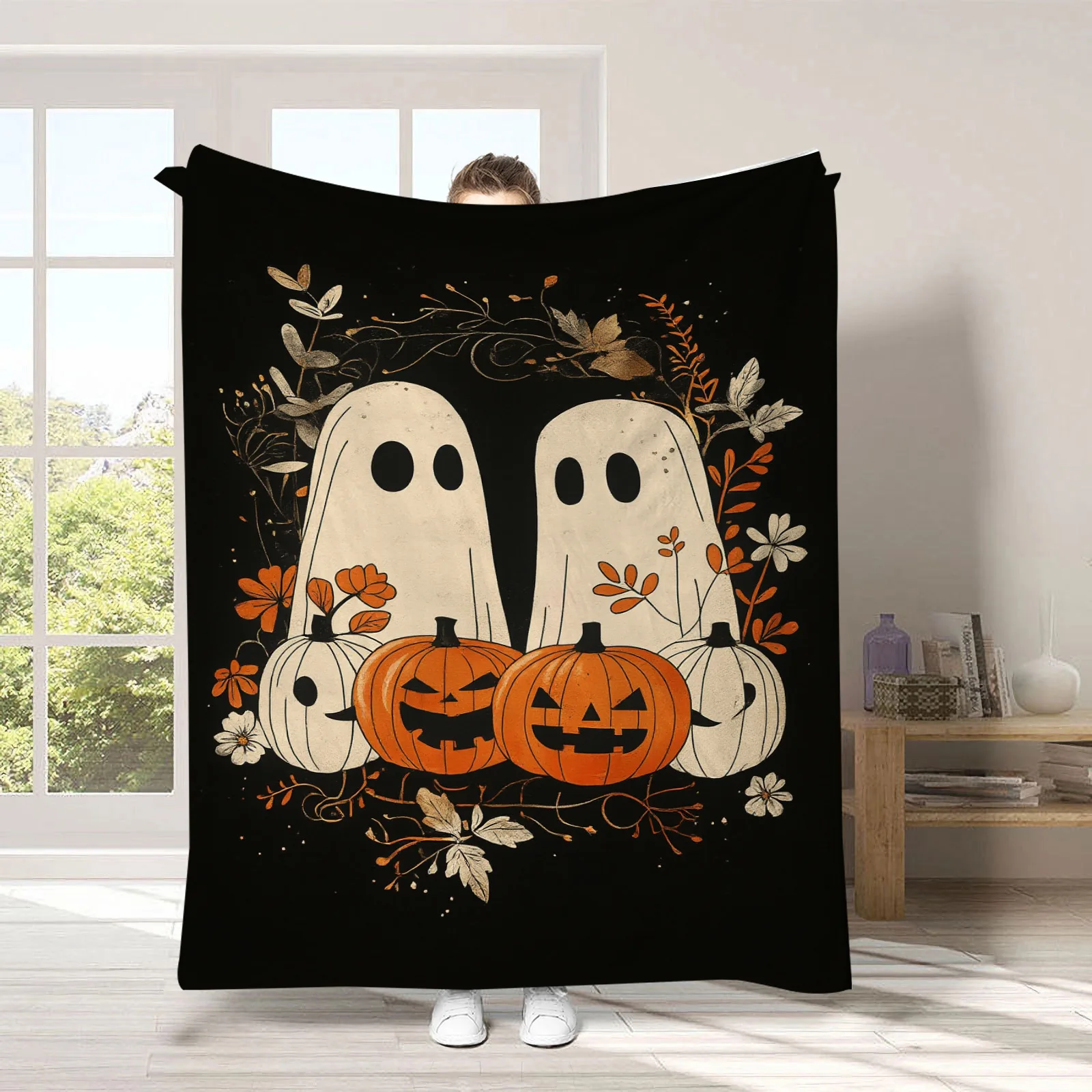 Gruselige schwarze Halloween-Flanelldecke mit Geistern, weiche Universaldecke, multifunktionale Dekorationsdecke, Weihnachtsgeschenk – Detail 13