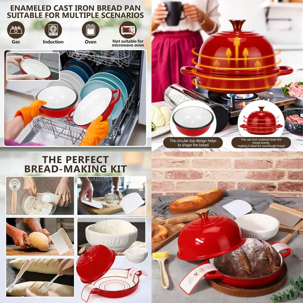 

Enameled Cast Iron Dutch Oven Set with Lid for Sourdough Baking, 5 Quart, Red, Perfect for Bread Proofing and Roasting at Home
