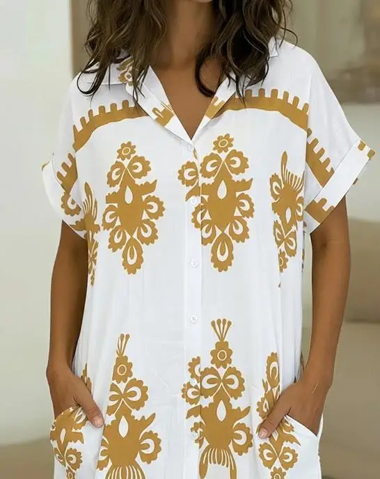 خمر الباروك وضع طباعة بدوره إلى أسفل طوق توالت الأصفاد زر أسفل قميص فستان المرأة فستان عطلة عادية مع جيوب #3